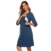Haxikocty Women Pregnant Nusring Maternity Long Sleeve Breastfeeding Solid O-Neck Dress Blue