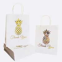 SKYSTARS 24 Pcs Thank You Gift Paper Bags Printed Gold Pineapple Bulk with Handles - 8" x 4.5" x 10.5" – Free Thank You Stickers - for Shopping, Merchandise, Party, Wedding, Baby Shower, Business