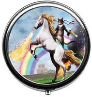 Eareeco - A cat Riding a Horse Round Pill Case/Pill Box/Pill Case/Case- Three-Compartment Pill Box/Pill Case