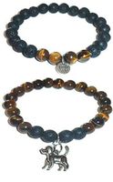 Hidden Hollow Beads Charm Tigers Eye and Black Lava Natural Stone Women's Yoga Beaded Stretch Bracelet Set. Comes in A Gift Box! (Dog Charm)