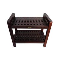24" Solid Teak Lattice Shower Bench with Shelf and Arms in Brown Finish Modern Contemporary Single Piece