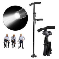 Folding Cane LED Light Double Handle Telescopic Trekking Pole Adjustable Height Old Man Crutches Shockproof Sponge Handle