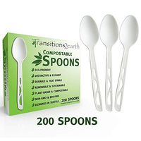 Transitions2earth Compostable Spoons - Made from Corn - Box of 200 - White - Large - Heavyweight - Plant a Tree with Each Item Purchased!