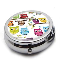 Round Stainless Steel Pill Box Case - Cute Cartoon Owl- Pocket 2 inches Medicine Tablet Holder Organizer Case for Purse - Compact 3 Compartment