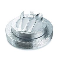 100 Piece Hammered White and Silver Disposable Plastic Plates & Silverware Set Heavyweight Place Setting Service For 20 Guests Includes 20 Dinner Plates 20 Dessert Plates 20 Forks 20 Spoons 20 Knives