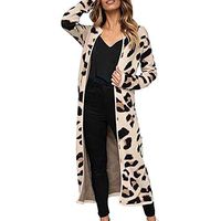 Ros1ock Leopard Printing Long Cardigan Wool Warm Jacket Coat Casual Zipper Long Sleeve Sweaters Beige