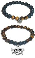 Hidden Hollow Beads Charm Tigers Eye and Black Lava Natural Stone Women's Yoga Beaded Stretch Bracelet Set. Comes in A Gift Box! (Football Mom)