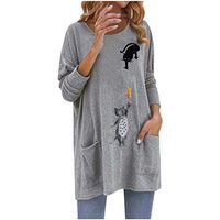 FEISI22 2019 Women's Long Sleeve Tops Letter Cat Printed Shirt Casual Blouse Loose Cotton T-Shirt Tunic Shirts Tops Gray