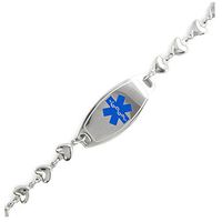 My Identity Doctor Custom Engraved Womens Medical Bracelet, Steel 6mm Heart Chain, Medium - Blue - Wrist Size 6.25 Inch