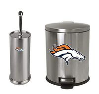 The Furniture Cove 2-Pc Set - 1.3 Gallon Stainless Steel Step Trash Can Waste Basket and Toilet Brush with Holder Featuring the Choice of Your Favorite Football Team Logo (Broncos)