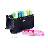 XINHOME Weekly Travel Pastel Color Pill Organizer Box - Prescription and Medication Reminder Vitamin Pill Case Daily AM PM, Day Night 7 Compartments for 4 Times A Day-Includes Black Leather Pouch