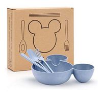 Children's 1Pc Wheat Straw Kids Bowl Dinner Divided Plate with Deep Sides Cartoon Mouse Food Water Snack Holder Dispenser for Baby, Toddler Feeding, Child Mealtime Cute Dish Tray (Blue)