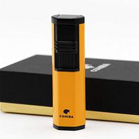 Double Torch Jet Flame Yellow Chrome Steel Cigar Lighter w/Punch