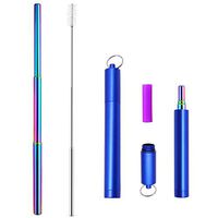 Collapsible Straw Rainbow Telescope Reusable Metal Straws With Silicone Tips Travel Case Keychain Retractable Extendable Drinking Straws for Cups Mugs Yeti Eco Friendly Brush Blue