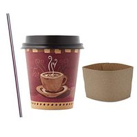 (200 Sets) 10 oz Paper Hot Cups with Black Dome Lids and Sleeves, FREE Stirrers Disposable Coffee Cups with Coffee Print