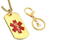 LF Stainless Steel Personalized Name ICE Custom Medical Alert Pendant Necklace Medical ID Keychain Emergency Monitoring Systems for Men Women Kids,Free Engraving Customised(Necklace + Key Ring),Gold