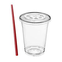(100 Sets) 12 oz Clear Plastic Cups with Lids and FREE Straws, Disposable Crystal Clear PET Cups with Flat Straw Slot Lids for Cold Drinks, To Go Iced Coffee, Juice, Soda, Bubble Boba Tea, Smoothie