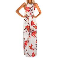 Floral Off Shoulder Dresses for Women Summer Beach Sleeveless Halter Split Maxi Dress Red