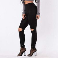 Womens Ripped Leggings High Waist Tummy Control Full Length Stretchy Pants Plus Size Sexy Cut Out Rip Leggings Fitness Skiny Capris Workout Sport Gym Yoga Active Tights Running Pants