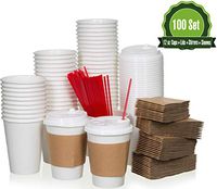 Safeware 12 oz [ 100 Set] Togo Disposable White Paper Coffee Cups with Lids, Sleeves, and Stirrers | Hot Beverages | Expresso | Tea | Coffee | Latte | Hot Chocolate