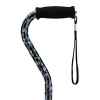 NOVA Designer Walking Cane with Offset Handle, Lightweight Adjustable Walking Stick with Carrying Strap, “Black with Pink and Blue Flowers” Design