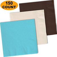 150 Lunch Napkins, Island Blue, Ivory, Brown - 50 Each Color. 2 Ply Paper Dinner Napkins. 6.5" folded, 13.5" unfolded.