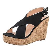 Respctful✿ Women's Peep Toe Summer Wedge Platform Sandals Espadrille Cork Platform Sandals Cross-Tied Slip On Slides Black