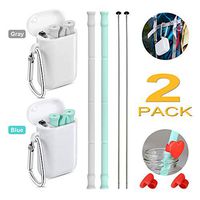 Reusable Silicone Drinking Straws Food-Grade Collapsible Straws with one Cleaning Brush and One Portable Case Protect Ocean Creatives Enviromental Easy to Carry Outside 2PCS in 1 Set (Green/Grey)