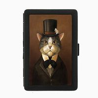 Perfection In Style Black Color Metal Cigarette Case Vintage Cat Design 022