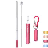 Hokeea Reusable Straw with Aluminum Slim Case,Silicone Tip and Keychain,Portable Folding Stainless Steel Drinking Straws,Collapsible Metal Travel Straw with Slender Case(Rose)