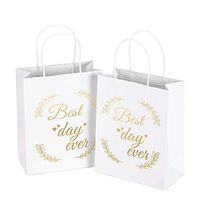 LaRibbons Medium Size Gift Bags - Gold Foil"Best Day Ever" White Paper Bags with Handles for Wedding, Birthday, Baby Shower, Party Favors - 12 Pack - 8" x 4" x 10"