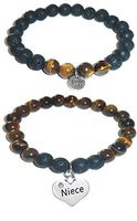 Hidden Hollow Beads Charm Tigers Eye and Black Lava Natural Stone Women's Yoga Beaded Stretch Bracelet Set. Comes in A Gift Box! (Niece)
