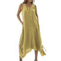 Woman Summer Cotton Line Boho Dresses Vintage Loose Tank Skirts Solid Color Strap Bottom Retro Long Maxi Dresses (Yellow, Medium)
