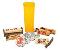 Bundle - 7 Items - RAW Single Wide Rolling Paper, Tips, Roller and Hemp Wick with Grinder and Storage Container
