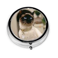 Siamese Cat Round Silver Pill Box Pocket 2 Inches Medicine Tablet Holder Organizer Case for Purse