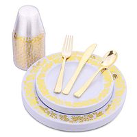 Elegant Gold Party Plates, Tumbler Cups, Forks, Knives and Spoons, 120 Pc. Set, Plastic Disposable Dishware for Parties, Graduation, Bachelorette, or Baby Showers