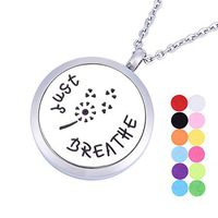 Engraved"Just Breathe" Aromatherapy Essential Oil Diffuser Necklace Stainless Steel Dandelion Round Locket Pendant 12 Refill Pads