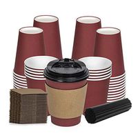 Savourio Coffee Cups with Lids – 12 Oz Disposable Coffee Cups 100 Pack Paper Cups with Stirring Straws, Lids, Sleeves, Hot Coffee Container – Red Short Tea Cup to Go – Leakproof Paper Sleeves Cups