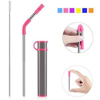 Reusable Collapsible Straw, Portable Stainless Steel Drinking Straw with Case, Straw Tip and Cleaning Brush for Travel, Party, Outdoor and Home Use (Grey Case Pink Tip)