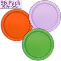 96 Paper Dinner Plates (9") - Lavender, Orange, Lime Green - 32 Per Color, 3 Colors - Great Assortment for Birthday Parties, Weddings, Holidays, Baby Shower, Celebrations, and more