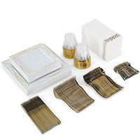 225 PC Gold Dinnerware SET-25 Guest GOLD Square Plastic Plates-25 Gold Plastic Knives-25 Gold Plastic Forks-25 Gold Plastic Spoons-25 Gold Plastic Mini Forks-25 Gold Plastic Cups-50 Paper Napkins