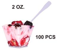 SMALL MINI CLEAR DISPOSABLE SQUARE PLASTIC DESSERT CUPS shot glasses for Parfaits Puddings Desserts Appetizers Entrees Mousse Ice cream Dessert Buffet shooter cups 2 oz 100 count 100 mini spoons