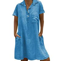 Women's Loose T Shirt Dresses, Ladies Summer Plus Size Casual Solid Button Dress with Pockets Blue