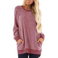 Kiyotoo Womens Casual Color Block Long Sleeve Round Neck Loose Pullover T Shirts Blouses Sweatshirts Tunic Tops with Pocket Red
