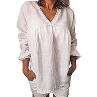 Women's Casual Pullover V-Neck Loose Solid Color Puff Long Sleeve Top Blouse Autumn T Shirt