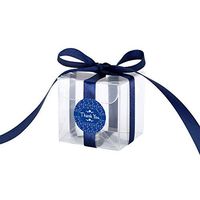 Gechtas 20Pcs PET Crystal Clear Cube Favor Boxes, 2"x2"x2", Food Safe, 0.3mm Thick, with Navy Blue Satin Ribbon and Thank You Stickers, for Wedding, Shower, Party Favors (#A)