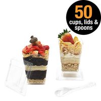 Premium 5.7 oz Super Clear Plastic Dessert Cups (50-Pack) with individually packed Mini Spoons and Stackable Secure Snap-On Lids by HallGems (50, 5.7 oz)