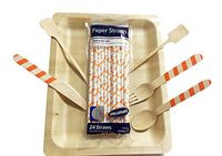 Perfect Stix Game Day 24-Vols Tailgate Party Pack, 24 Pack Flexible Paper Straws, 24 Count Cutlery Set with Vols Colors, 24 Count 10" Wooden Plates, 24 Pack 6" Cocktail Stirrers (Pack of 96)