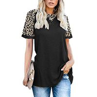 Meikosks Women's Leopard Patchwork T Shirt Crewneck Short Sleeve Tops Summer Casual Blouses Black
