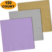 150 Lunch Napkins, Lavender, Shimmering Silver, Glittering Gold - 50 Each Color. 2 Ply Paper Dinner Napkins. 6.5" folded, 13.5" unfolded.